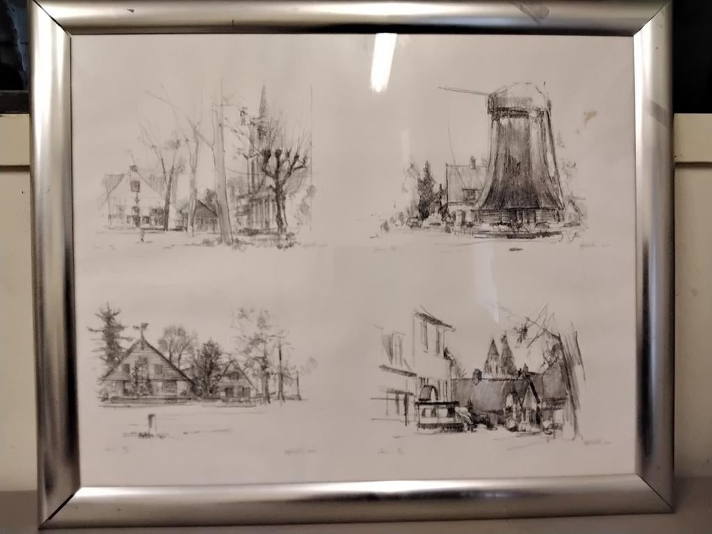 Oude tekening Hilversum, gesigneerd, 57 x 47 cm, Antiek en Kunst, Kunst | Tekeningen en Foto's, Ophalen of Verzenden