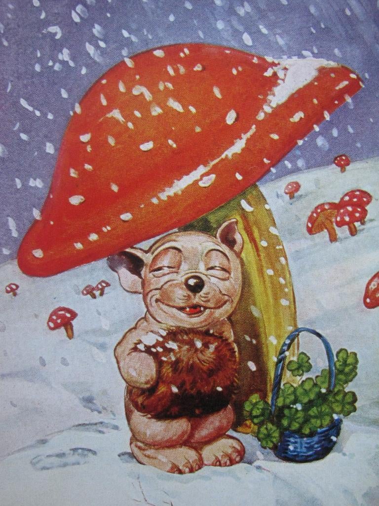 Antieke Kaart - BONZO Hond Onder Paddenstoel, Verzenden, 1920 tot 1940, Gelopen, Feest(dag)