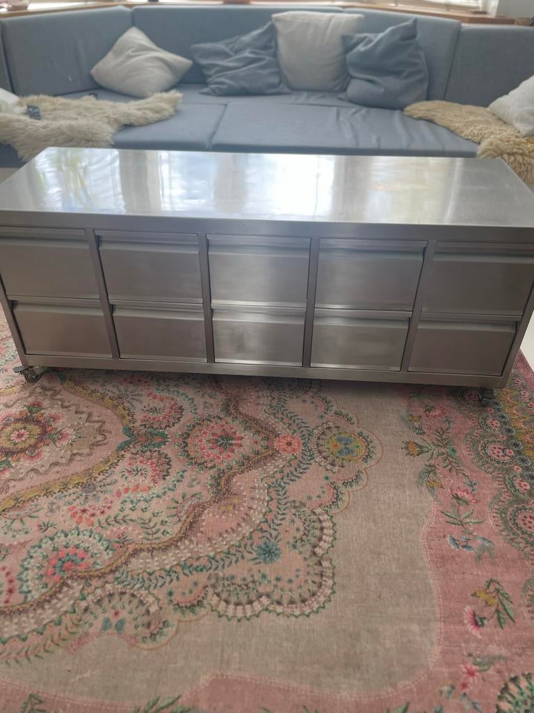 Industriële RVS lage kast met 8 rollades, Huis en Inrichting, Kasten | Ladekasten, Ophalen, Gebruikt, 100 tot 150 cm, 5 laden of meer