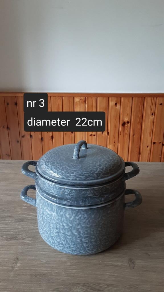 EMAILLE GRIJSGEWOLKTE STOOMPAN DIAMETER 22CM., Antiek en Kunst, Antiek | Emaille, Ophalen of Verzenden