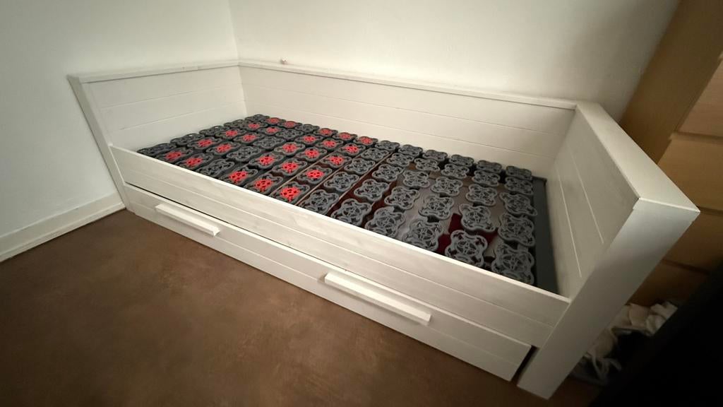 Bedbank woood Dennis met lade wit, Ophalen, 90 cm, Eenpersoons, Wit