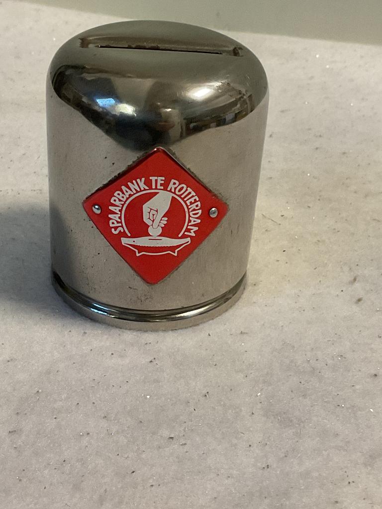 Vintage spaarpot. Spaarbank Rotterdam, Ophalen of Verzenden, Gebruikt, Metaal of Blik, Overige thema's