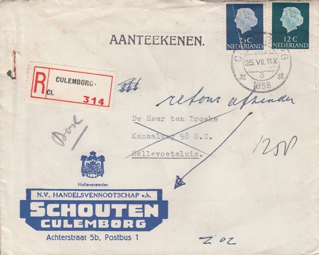 CULEMBORG 1958 Handlemij SCHOUTEN Achterstr. 5b aangetekend, Verzamelen, Ophalen of Verzenden, 1940 tot 1960, Gelopen, Utrecht