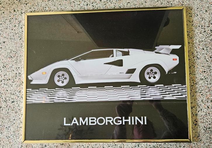 Ingelijste Vintage Lamborghini Poster - Wit, Verzamelen, Posters, Gebruikt, Overige onderwerpen, A4 of kleiner, Rechthoekig Liggend