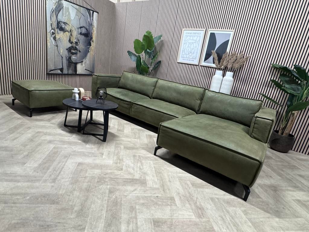 ZGAN Trendy Hoekbank en Hocker Microleer - Groen - 327 x 160, Huis en Inrichting, Banken | Bankstellen, -, -, 300 cm of meer, Ophalen of Verzenden