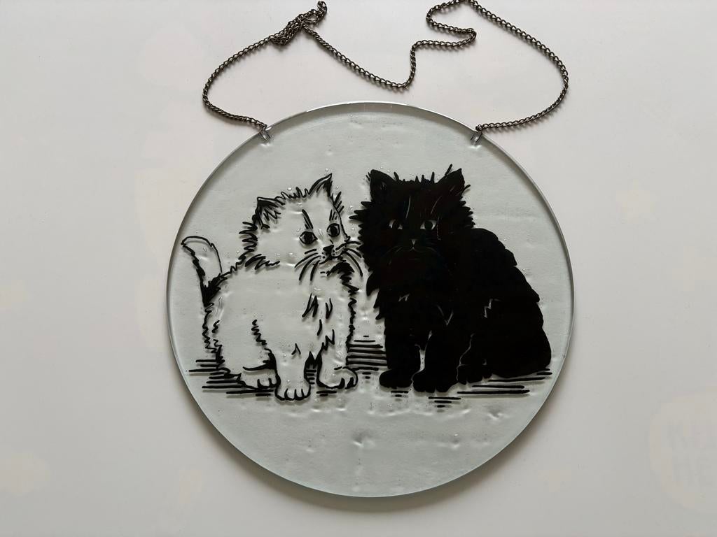 Glazen wanddecoratie met katten - Vintage, Vintage, Gebruikt, Meerkleurig, Ophalen of Verzenden