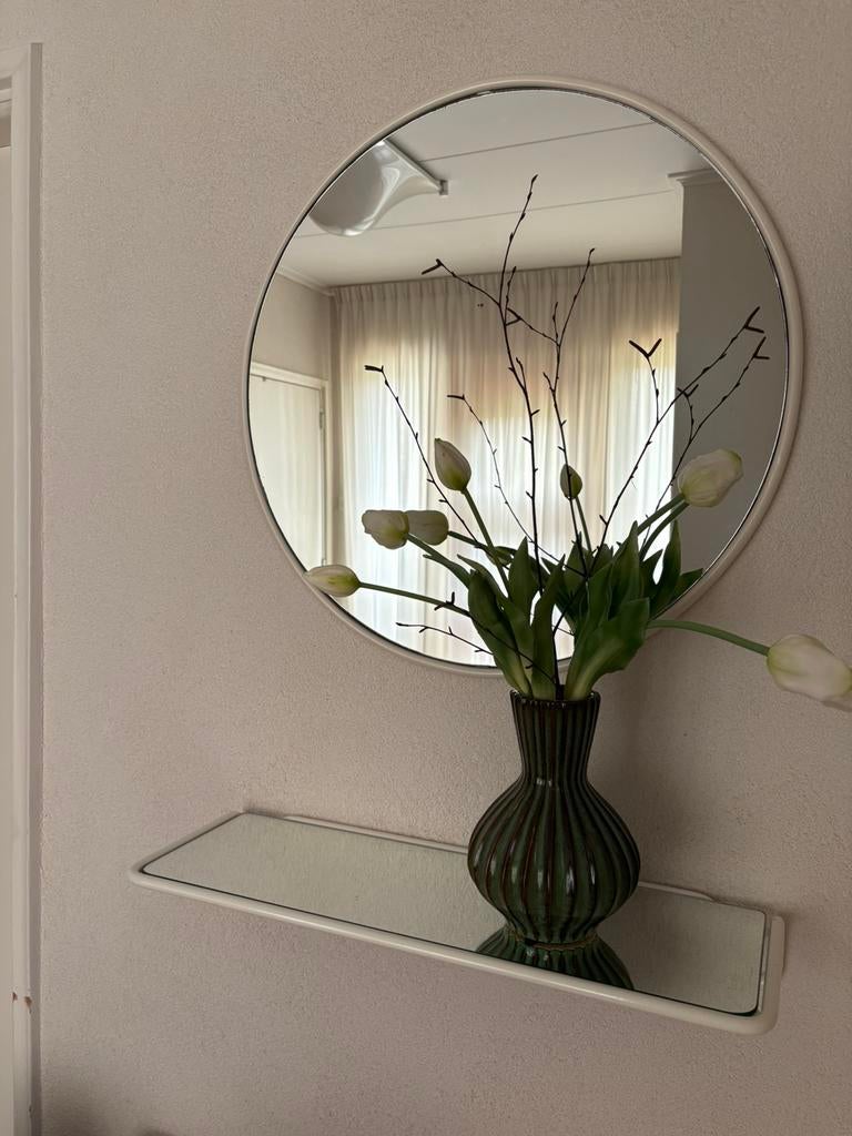 Water Antonis vintage design spiegel met planchet en kapstok, Ophalen, Gebruikt, Rond, Minder dan 100 cm