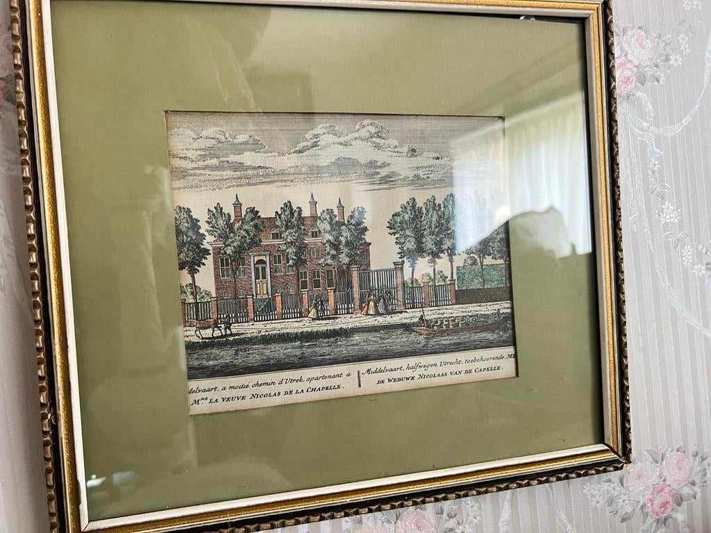 Antieke handgekleurde gravure van Middelvaart, Utrecht, Ophalen, Handgekleurd, Stadsgezicht, Gravure