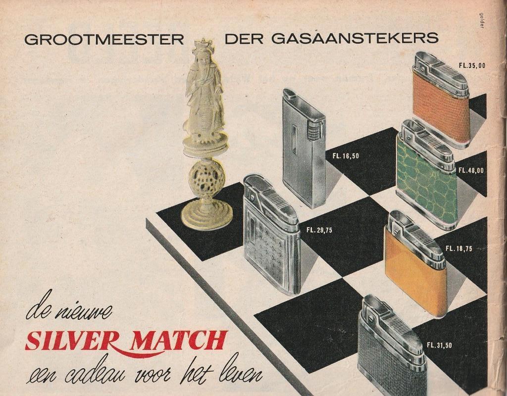 Retro reclame 1961 Silver Match aanstekers op schaakbord, Verzamelen, Verzenden, Overige typen