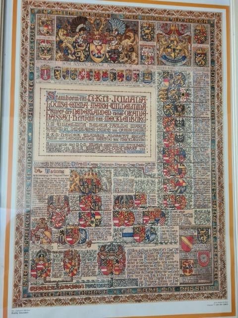 Poster stamboom Juliana, Verzamelen, Koninklijk Huis en Royalty, Ophalen of Verzenden, Zo goed als nieuw, Nederland, Kaart, Foto of Prent