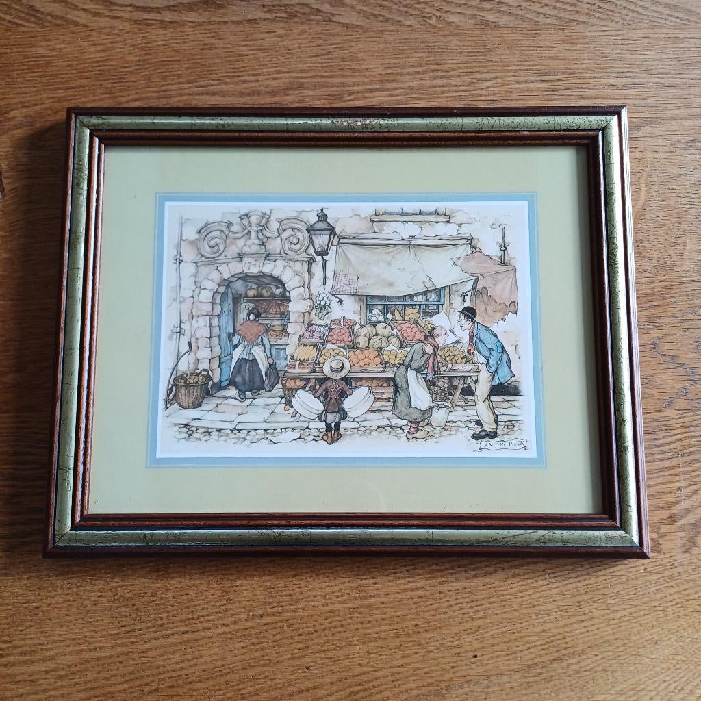 Ingelijste prent Anton Pieck – Groentewinkel, Verzamelen, Gebruikt, 1980 tot heden, Ophalen of Verzenden, Prent