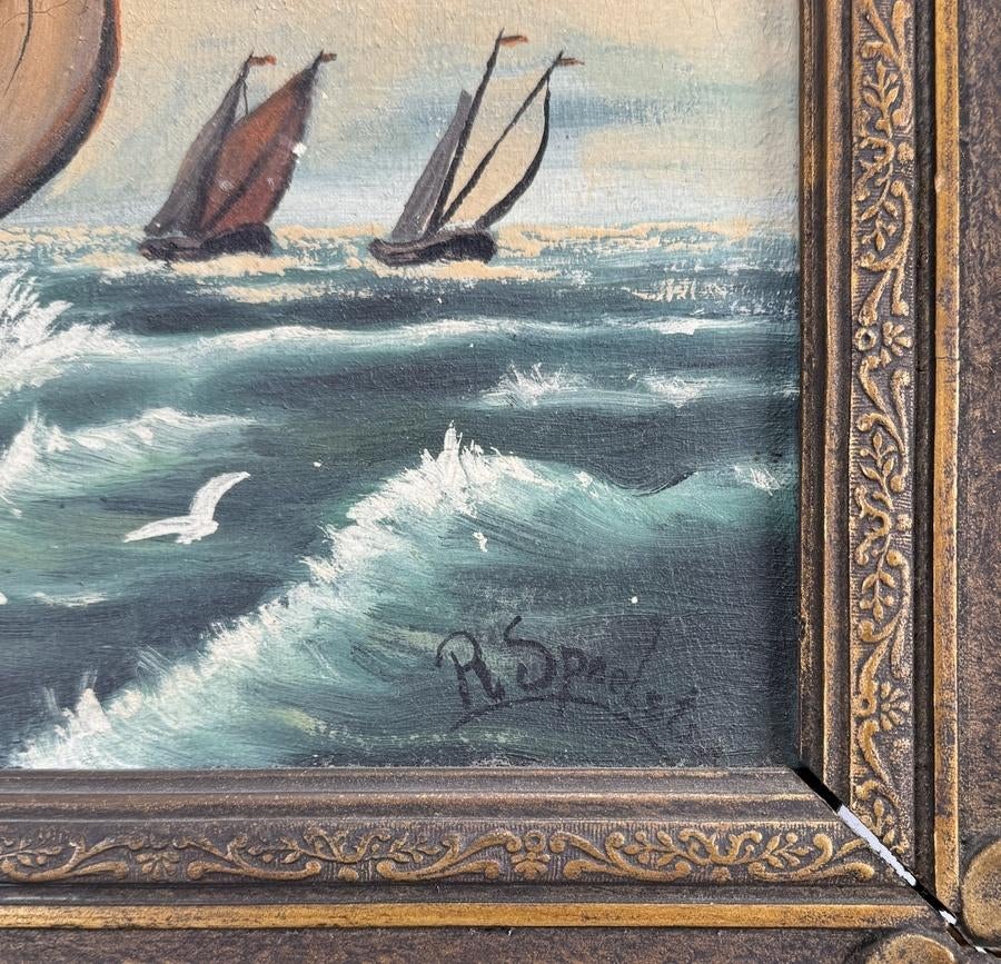 1184. Olieverfschilderij, R. Spoelstra - zeilboot op zee, Antiek en Kunst, Kunst | Schilderijen | Klassiek, Ophalen of Verzenden