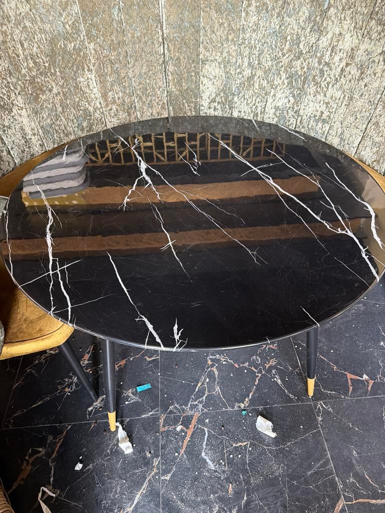 Ronde tafel marmer look glasplaat zwart witte aders, Huis en Inrichting, Tafels | Eettafels, Ophalen, Gebruikt, 50 tot 100 cm