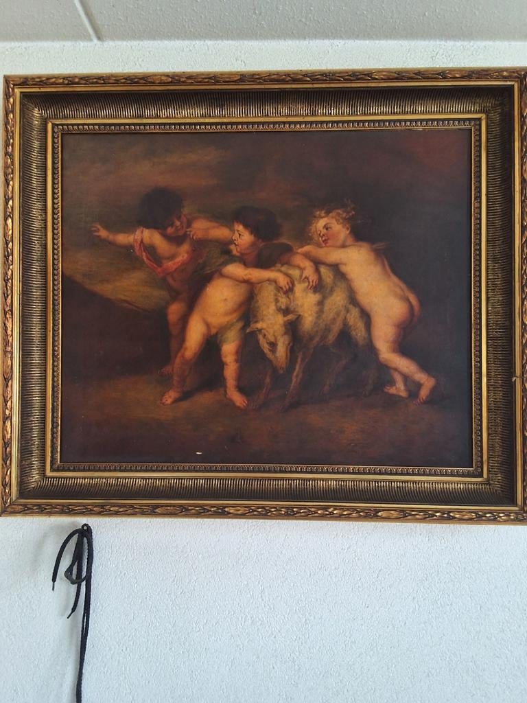 Oud schilderij met putti en geit in gouden lijst, Antiek en Kunst, Ophalen