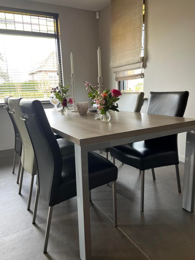 Luxe eettafel met 6 leren eetkamerstoelen, Huis en Inrichting, Tafels | Eettafels, Ophalen, 200 cm of meer, 50 tot 100 cm, Zo goed als nieuw