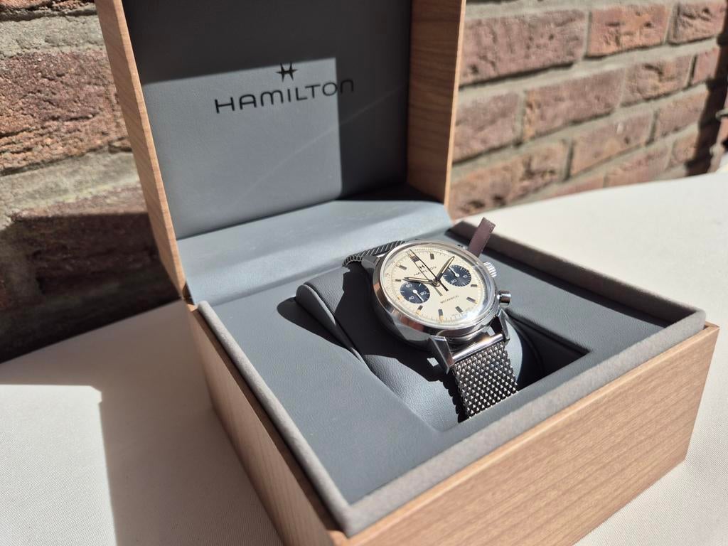 Hamilton Intra-matic Chronograph wit/champagne (H38429110), Leer, Polshorloge, Zo goed als nieuw, Ophalen