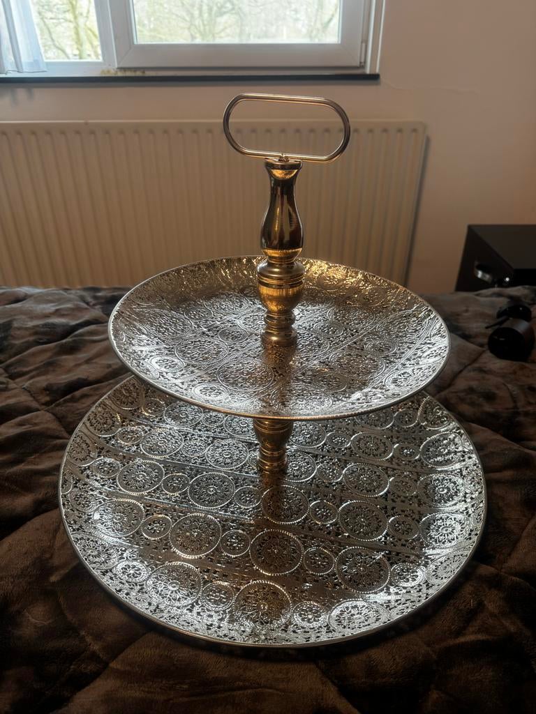 Decoratieve Etagere Zilverkleurig - 2 Laags, Overige materialen, Schaal, Rond, Ophalen of Verzenden
