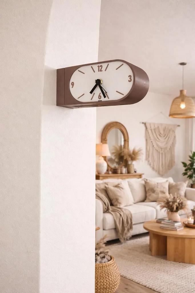 Dubbelzijdige wandklok taupe/bruin, Verzenden, Zo goed als nieuw, Analoog, Wandklok