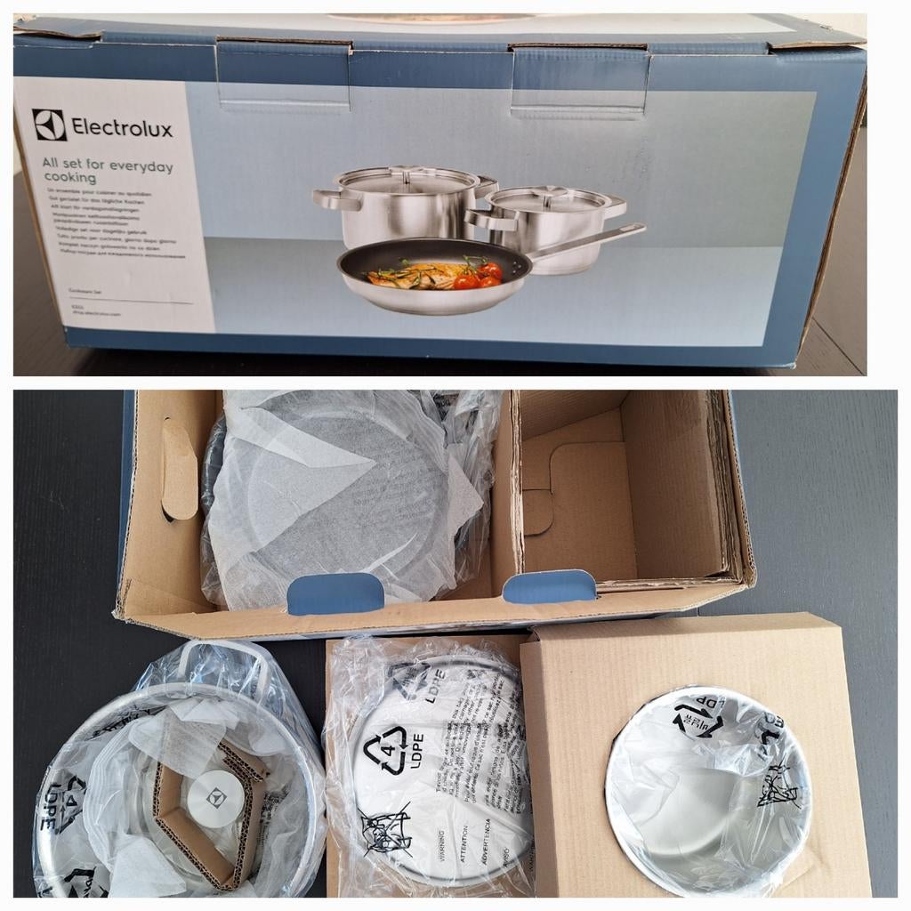 Nieuw in doos, Electrolux, 3 delig pannenset, Ophalen of Verzenden, Nieuw, Rvs, Pannenset