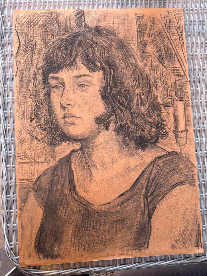 Vintage Portret Tekening - Houtskool op Papier, Antiek en Kunst, Kunst | Tekeningen en Foto's, Ophalen