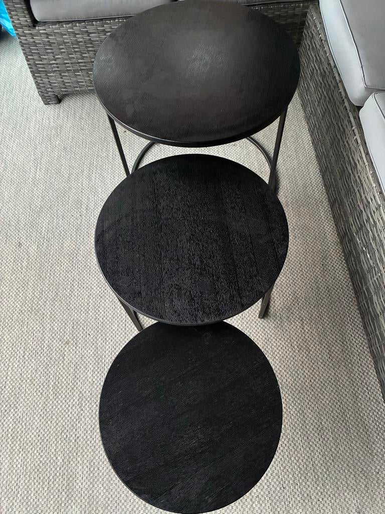 Zwarte bijzettafels set van 3, Huis en Inrichting, Tafels | Bijzettafels, Minder dan 55 cm, Gebruikt, Rond, Hout