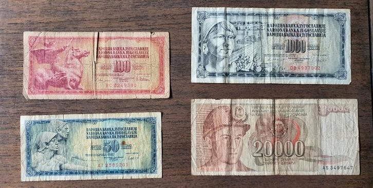 Vier biljetten Joegoslavië – 50, 100, 1000 + 20000 Dinar, Postzegels en Munten, Bankbiljetten | Europa | Niet-Eurobiljetten, Setje