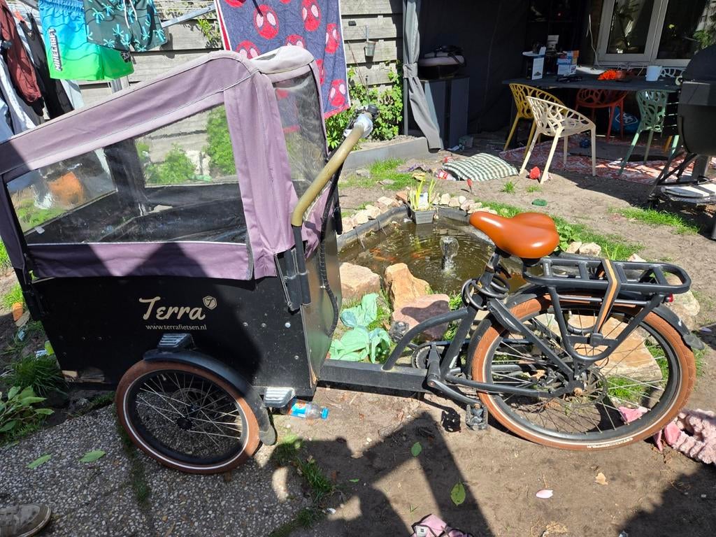 Terra Bakfiets Elektrisch met Huif - Ideaal voor Gezin!, Gebruikt, Huif, 2 kinderen, Schijfrem