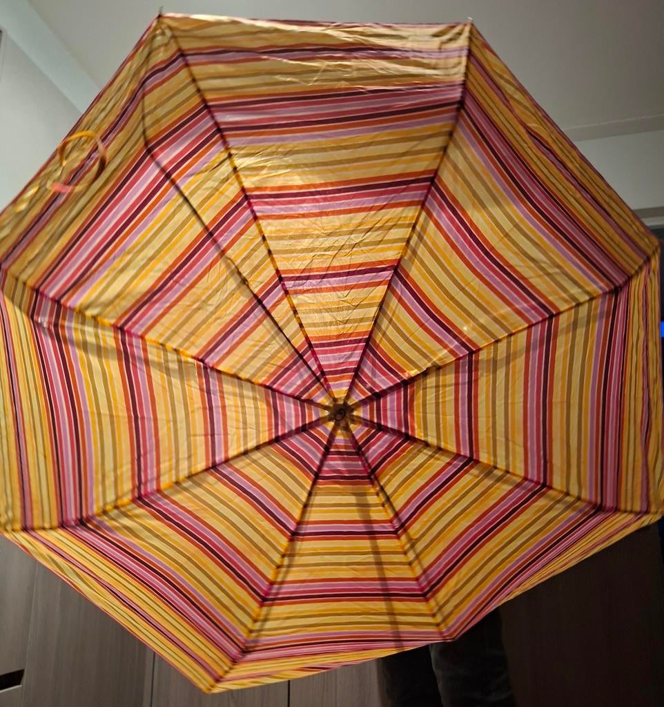 Gestreepte paraplu in geel, roze en rood, Ophalen of Verzenden