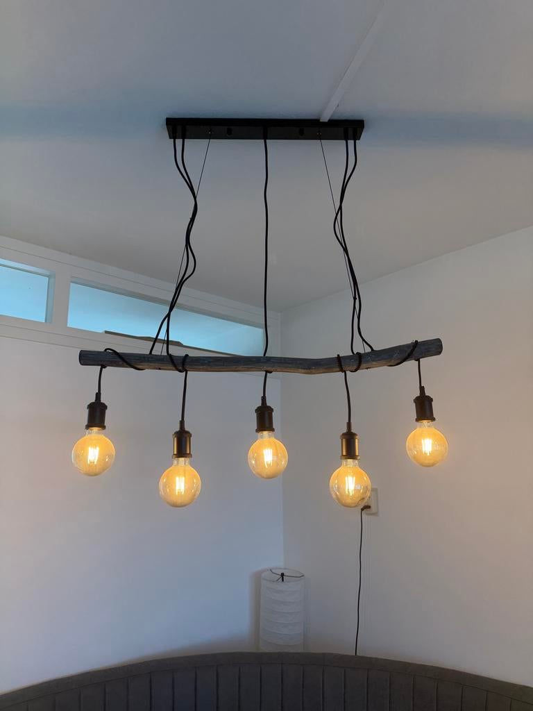 Unieke houten hanglamp met 5 lampen, Ophalen, Zo goed als nieuw, Hout, 75 cm of meer