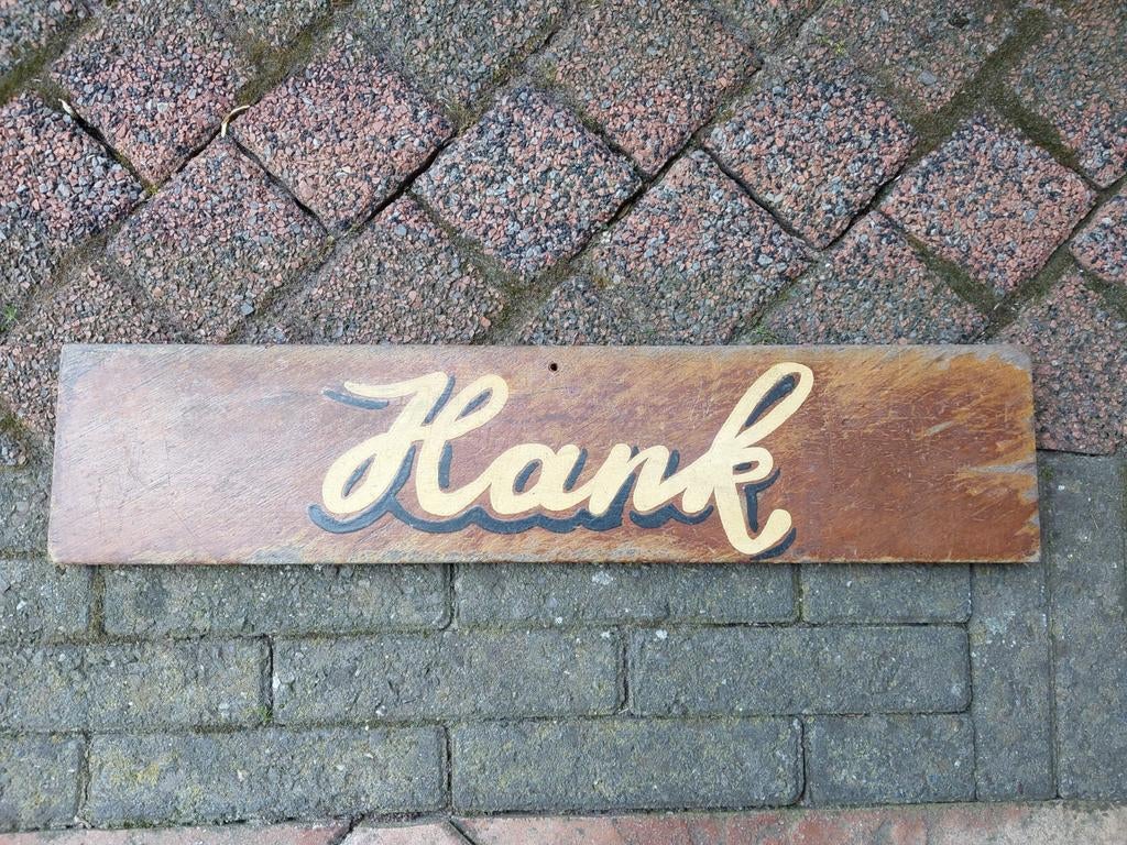 Vintage houten naambord 'Hank' plaatsnaam, Antiek en Kunst, Ophalen of Verzenden