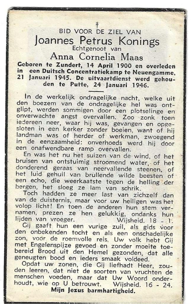 Oorlog  J.P.Konings  Zundert 1900 Neuengamme 1945, Verzamelen, Bidprentjes en Rouwkaarten, Verzenden, Bidprentje