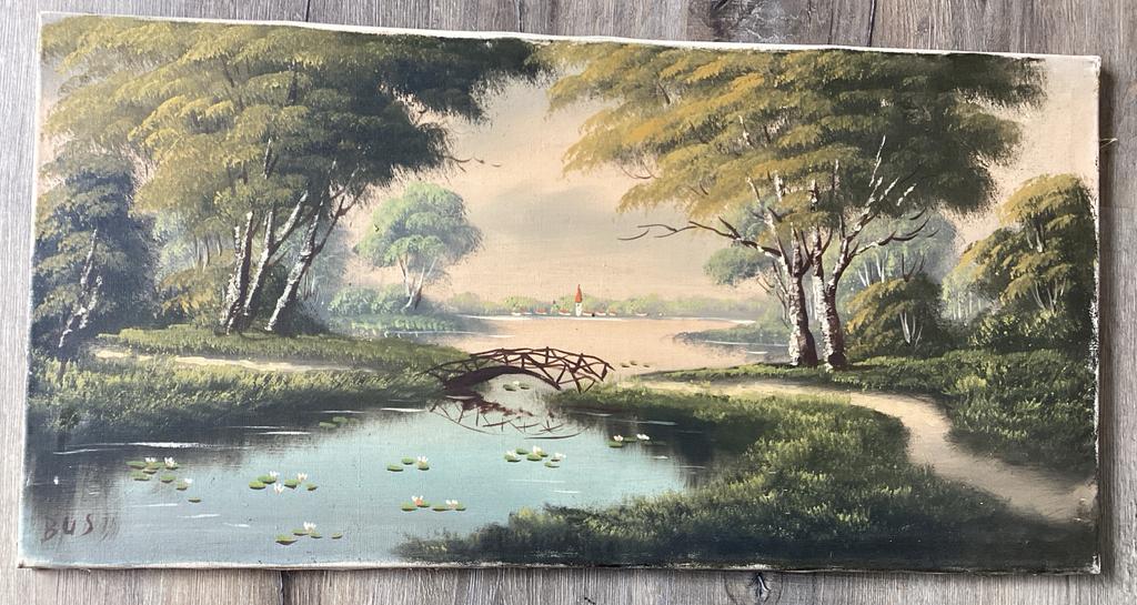 Vintage Schilderij: Landschap met Brug en Waterlelies, Ophalen of Verzenden