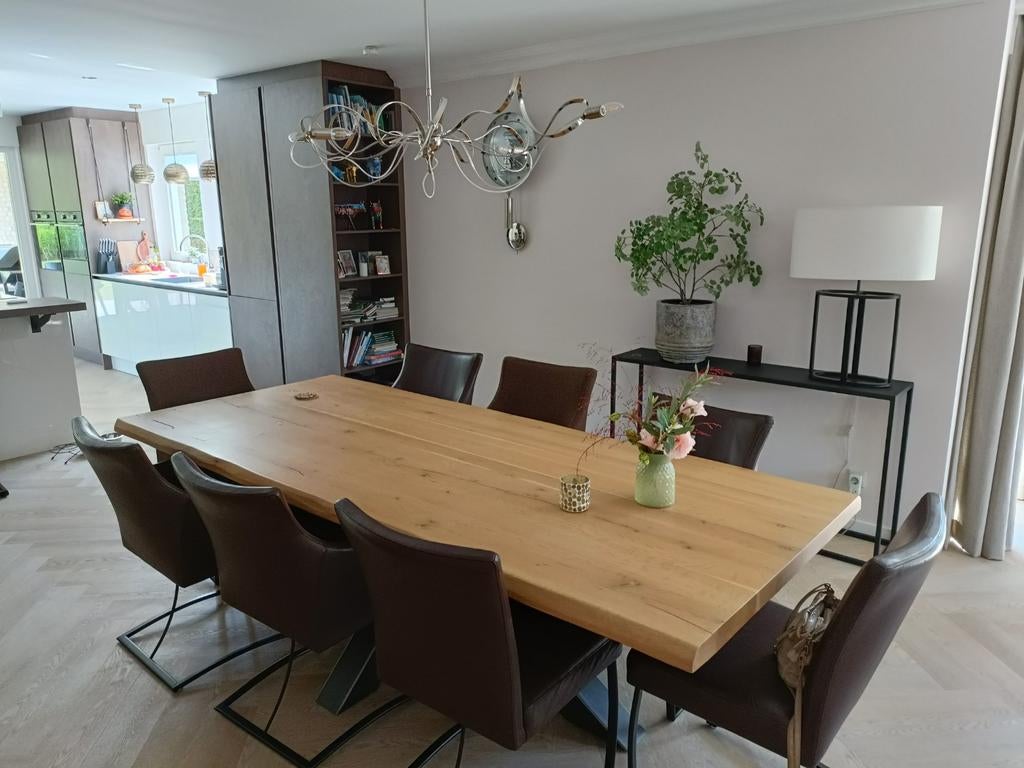 Massief eiken boomstam tafel 260x110 cm met metalen spinpoot, Ophalen, Rechthoekig, 200 cm of meer, 100 tot 150 cm