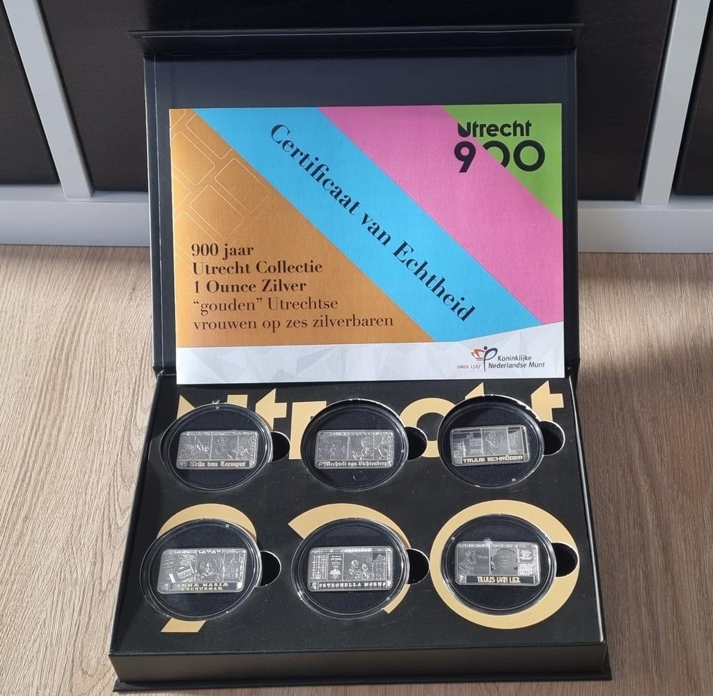 900 jaar Utrecht zilverbaren set met 6 powervrouwen, Ophalen of Verzenden, Zilver