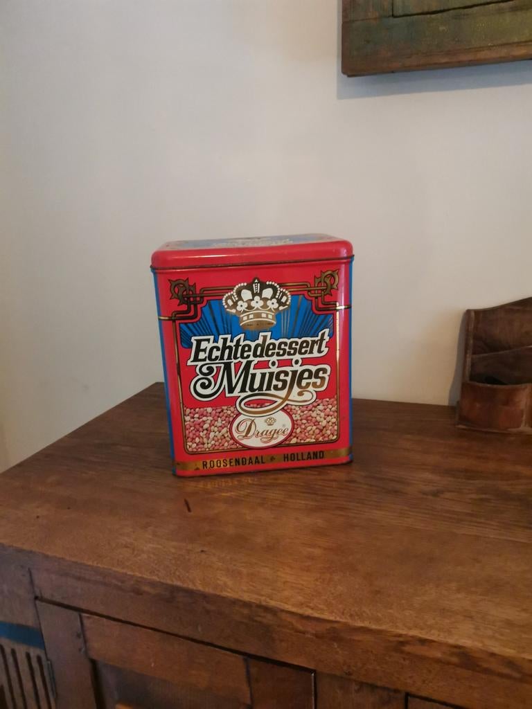 Oud groot blik 'Echtedessert Muisjes' - Roosendaal Holland, Ophalen of Verzenden, Gebruikt, Overige, Overige merken