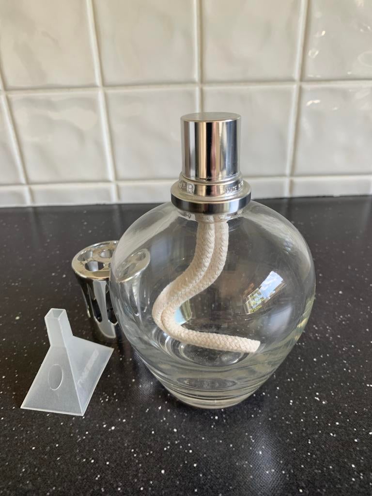 Lampe Berger geurbrander glas met lont en trechter, Ophalen of Verzenden, Zo goed als nieuw, Glas, Modern