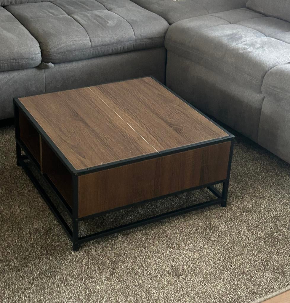 Salontafel eiken donkerbruin met staal 60,5x60,5x30, Ophalen, 50 tot 100 cm, Nieuw, 50 tot 100 cm