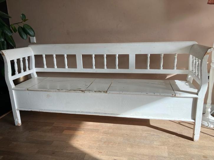 Houten klepbank / kerkbank / eetkamerbank wit, 2 meter, Huis en Inrichting, Banken | Bankstellen, Gebruikt, Rechte bank, Driepersoons