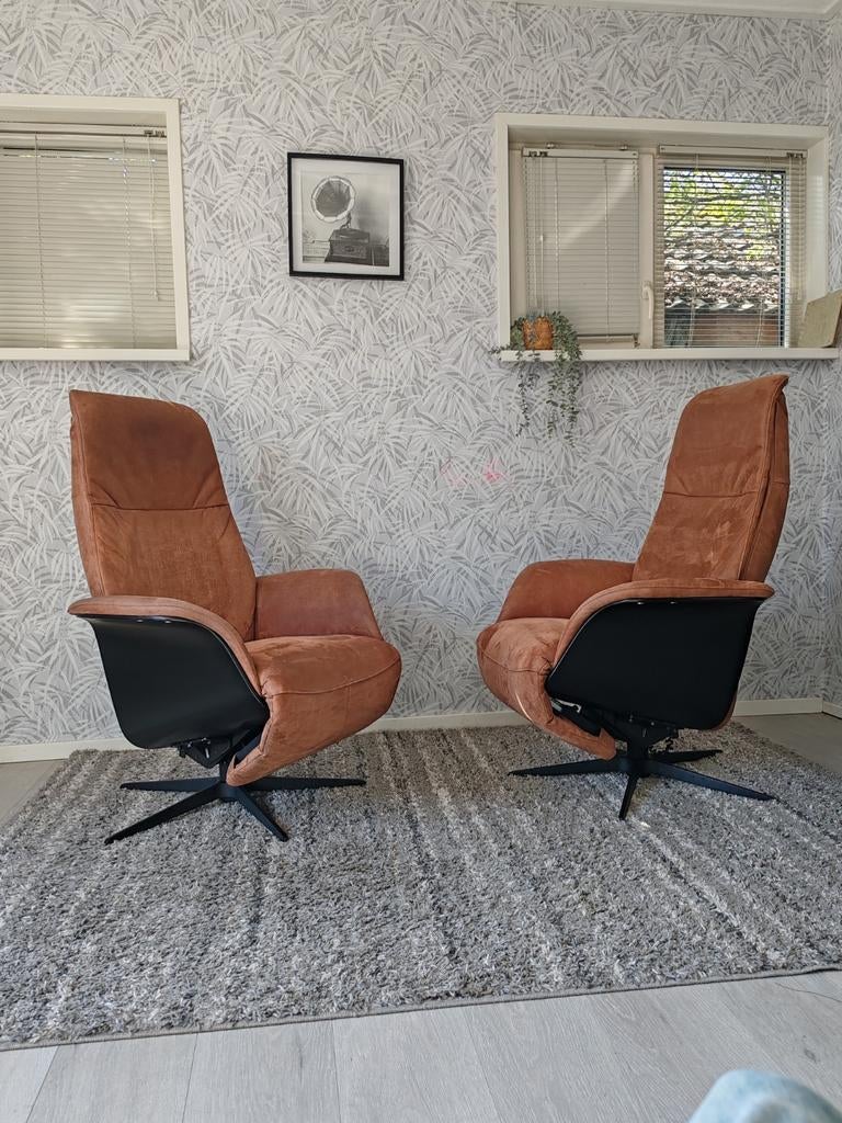 Set Hjort Knudsen elektrische relax fauteuil op accu, Huis en Inrichting, Ophalen of Verzenden, Zo goed als nieuw, Nvt, Leer
