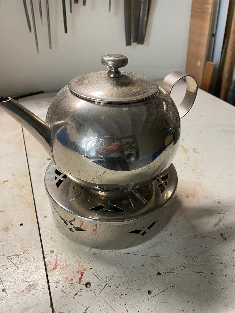 Theepot met rechaud, Huis en Inrichting, Keuken | Potten en Pannen, Ophalen, Gebruikt, Rvs, Overige typen