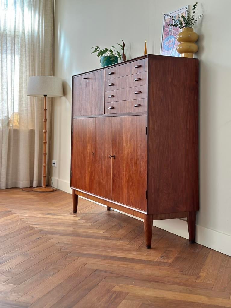 Vintage wandkast teak hout Deens jaren 50/60/70 lades, Ophalen, Gebruikt, Met deur(en), 100 tot 150 cm
