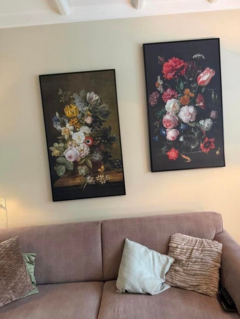 Twee hippe schilderijen met bloemmotief en baklijst, Antiek en Kunst, Kunst | Schilderijen | Modern, Ophalen