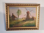 Schilderij met molen en huisjes, gesigneerd, Ophalen of Verzenden