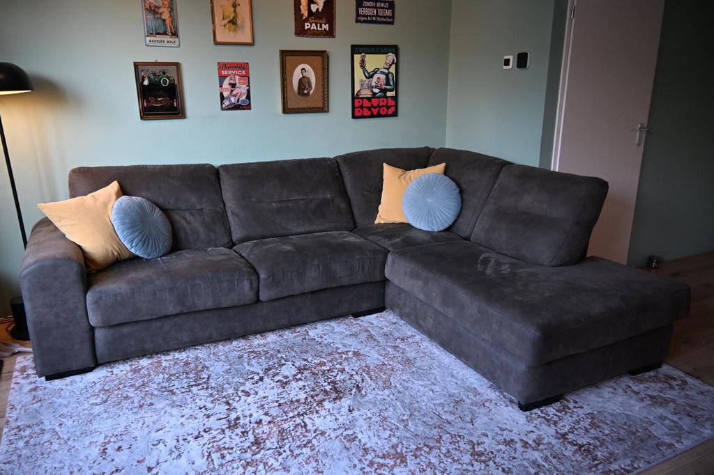 Grijze hoekbank, Huis en Inrichting, Ophalen, 250 tot 300 cm, Gebruikt, 100 tot 125 cm