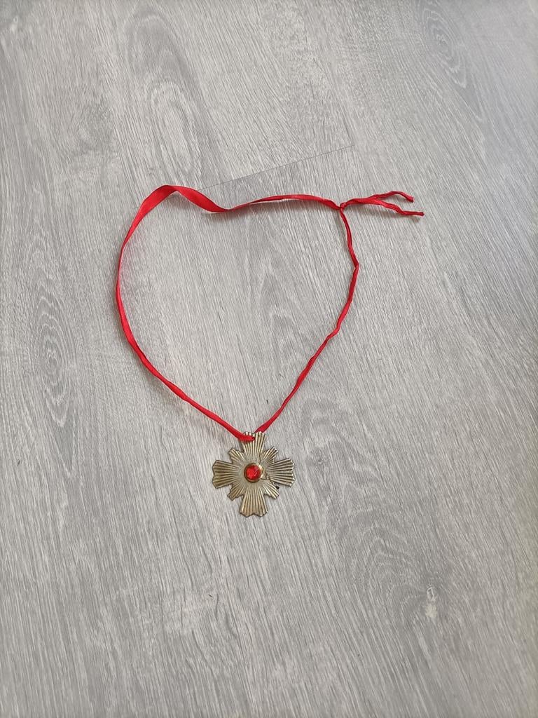 Vintage Kruis Hanger met Rode Steen aan Rood Lint, Overige materialen, Gebruikt, Ophalen of Verzenden, Met edelsteen