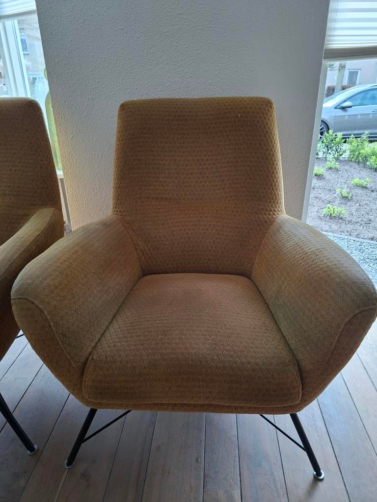 2x Fauteuils en 1x Hocker - Okergeel met zwarte Poten, Modern, Retro, Gebruikt, 75 tot 100 cm, Ophalen of Verzenden