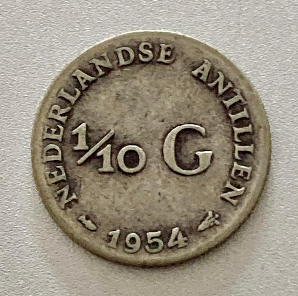Zilveren 1/10 Gulden / Dubbeltje Nederlandse Antillen 1954, Postzegels en Munten, Munten | Nederland, Koningin Juliana, Verzenden