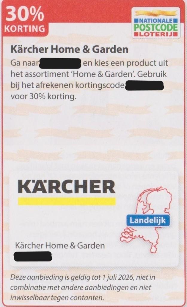 Karcher / Kärcher. Home & Garden. 30% korting. Postcode bon., Tickets en Kaartjes, Kortingen en Cadeaubonnen, Eén persoon, Warenhuis- of Winkelbon
