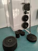 Gewichtschijven barbell, bar en opberg rek, Ophalen, Gebruikt, Rug, Halterschijven