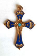 Frans blauw en turquoise geëmailleerd kruis (hanger), Ophalen of Verzenden, Zo goed als nieuw, Sieraad, Christendom | Katholiek